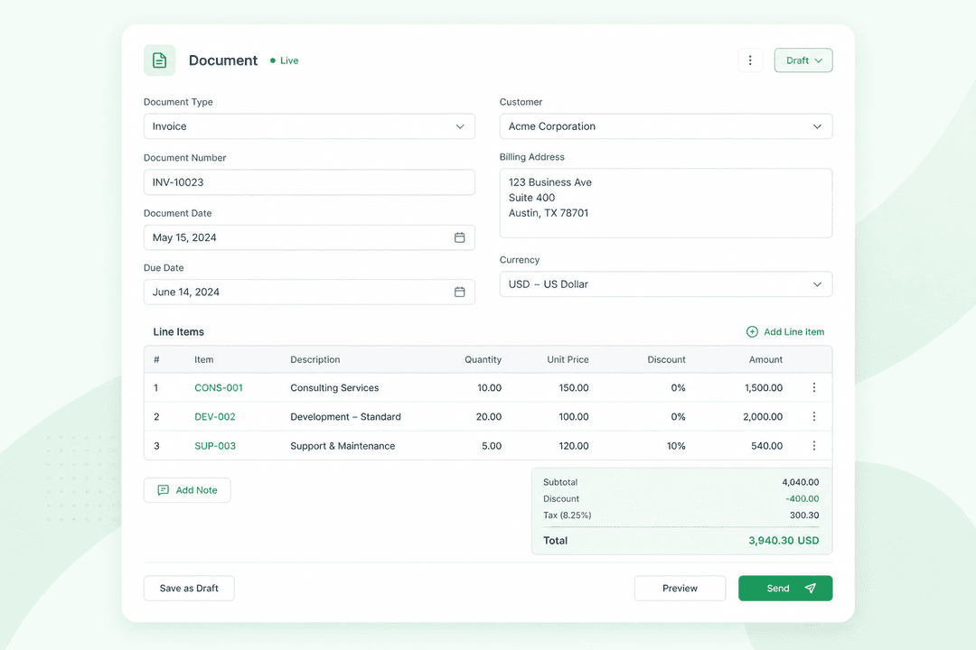 Quotation form with pricing lines