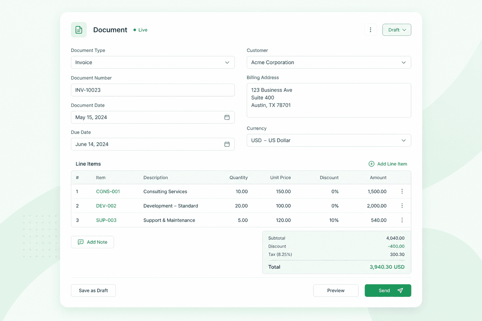 Live Billvale form editor preview